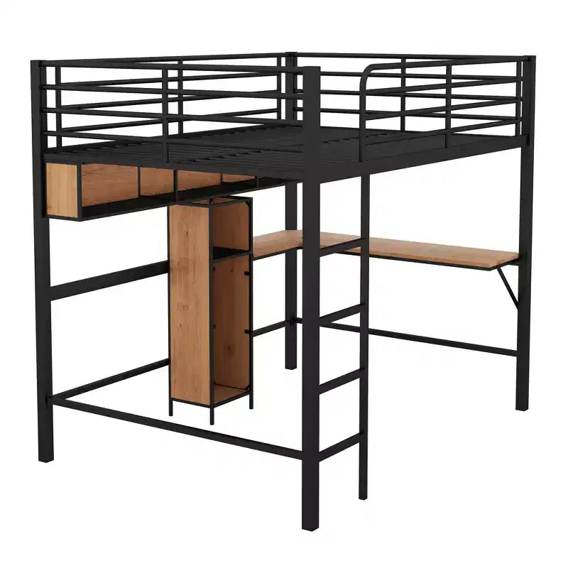 Letto a soppalco full size con scrivania a L e mensole, struttura in metallo e legno, nero e marrone