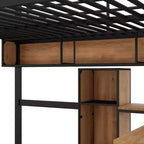 Letto a soppalco full size con scrivania a L e mensole, struttura in metallo e legno, nero e marrone