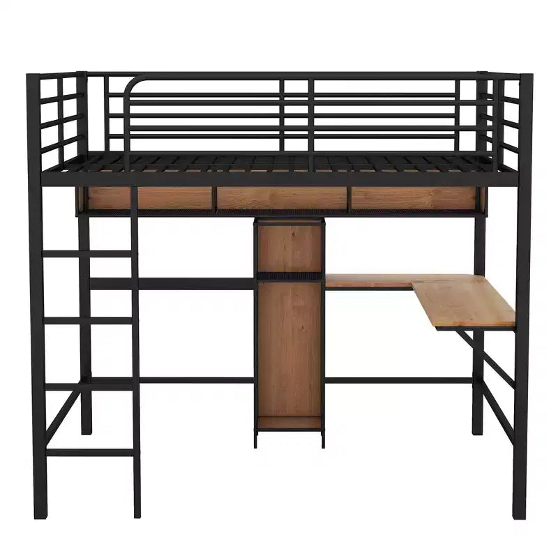 Letto a soppalco full size con scrivania a L e mensole, struttura in metallo e legno, nero e marrone