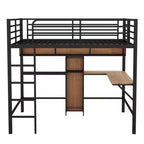 Letto a soppalco full size con scrivania a L e mensole, struttura in metallo e legno, nero e marrone