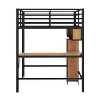 Letto a soppalco full size con scrivania a L e mensole, struttura in metallo e legno, nero e marrone