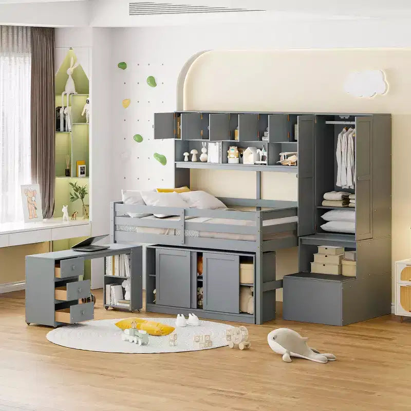 Letto a soppalco di design moderno 108,2L x 42W con armadio, scrivania, cassetti e mensole