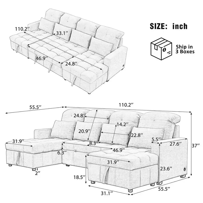Divano Moderno Oversize a U 110 Divano Sezionale Versatile con Chaise Longue e Porte USB