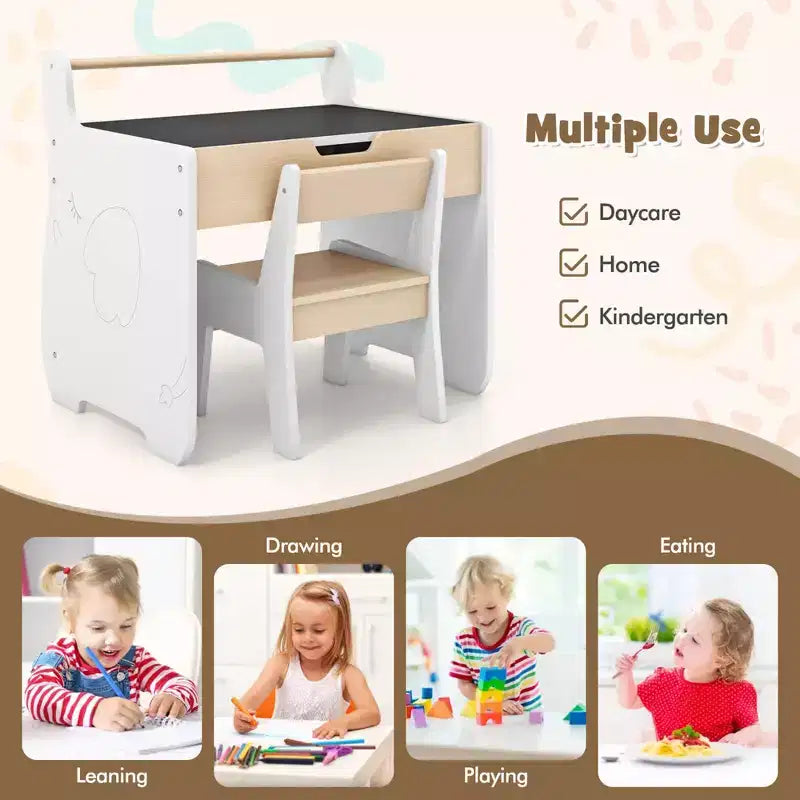 Tavolo e Sedia per Bambini 3 in 1 in Legno con Piano Rimovibile e Vano Portaoggetti Nascosto
