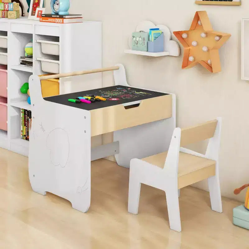 Tavolo e Sedia per Bambini 3 in 1 in Legno con Piano Rimovibile e Vano Portaoggetti Nascosto