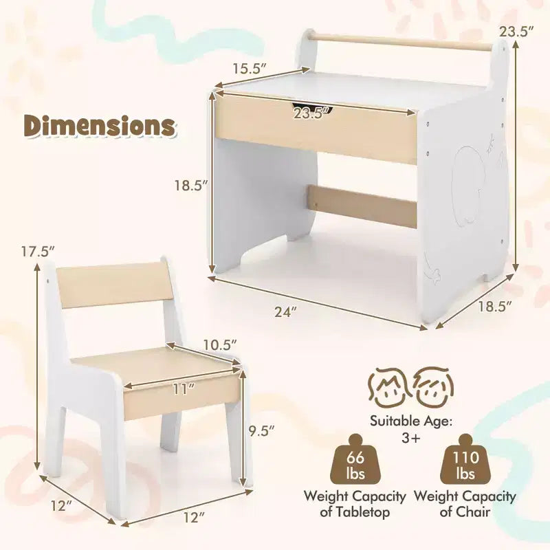 Tavolo e Sedia per Bambini 3 in 1 in Legno con Piano Rimovibile e Vano Portaoggetti Nascosto