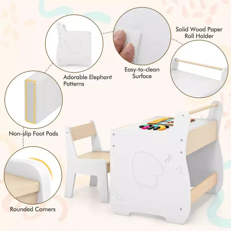 Tavolo e Sedia per Bambini 3 in 1 in Legno con Piano Rimovibile e Vano Portaoggetti Nascosto