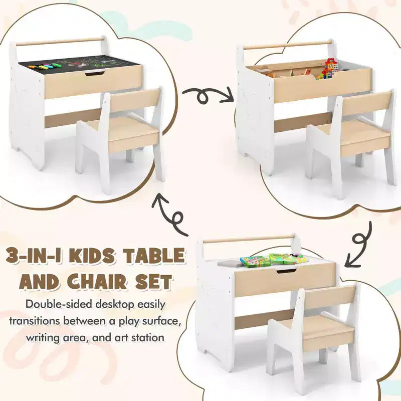 Tavolo e Sedia per Bambini 3 in 1 in Legno con Piano Rimovibile e Vano Portaoggetti Nascosto