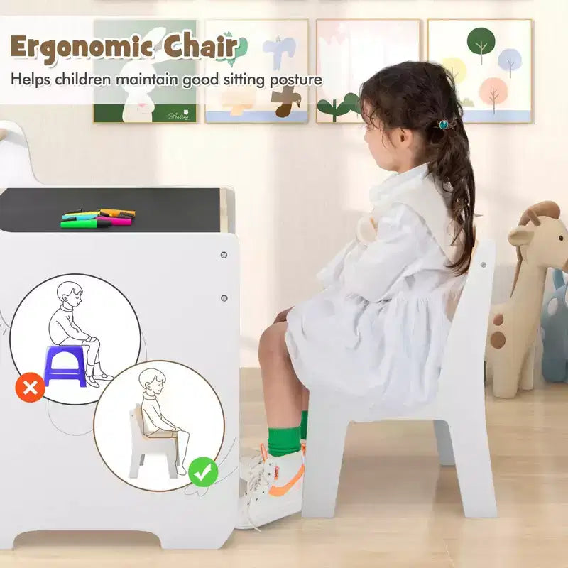 Tavolo e Sedia per Bambini 3 in 1 in Legno con Piano Rimovibile e Vano Portaoggetti Nascosto