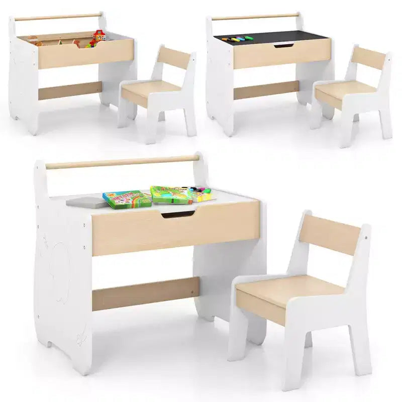 Tavolo e Sedia per Bambini 3 in 1 in Legno con Piano Rimovibile e Vano Portaoggetti Nascosto