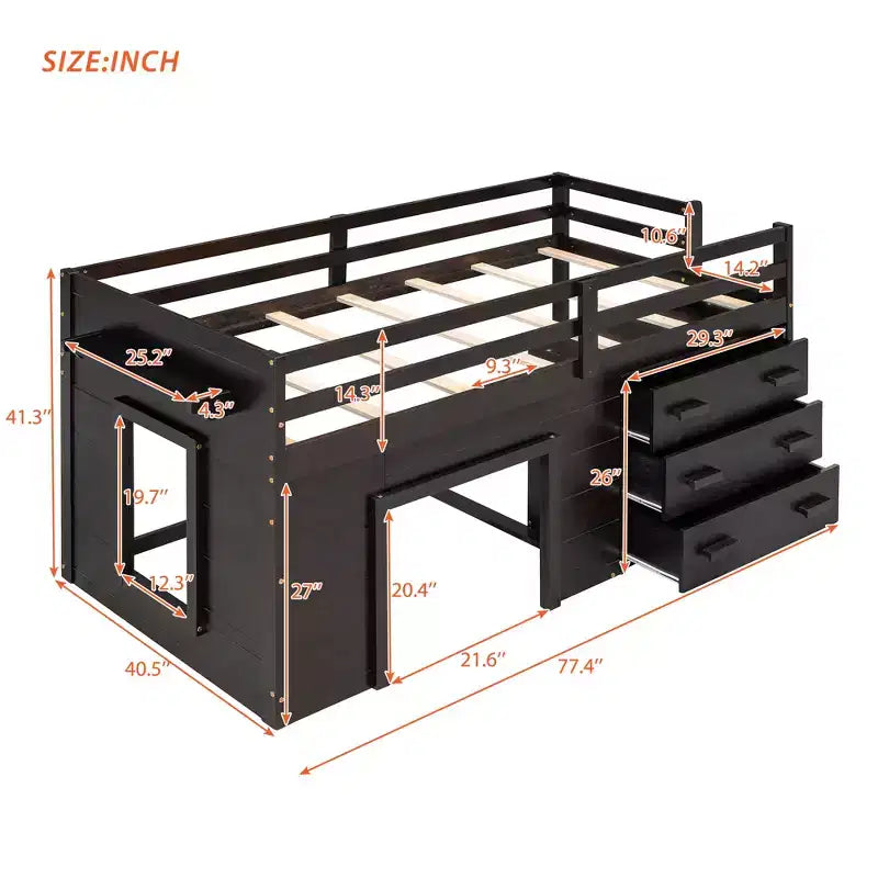 Letto a soppalco moderno, dimensioni singole, con mobiletto e mensola, 77.4L x 40.5W, Progettato per la vostra sicurezza