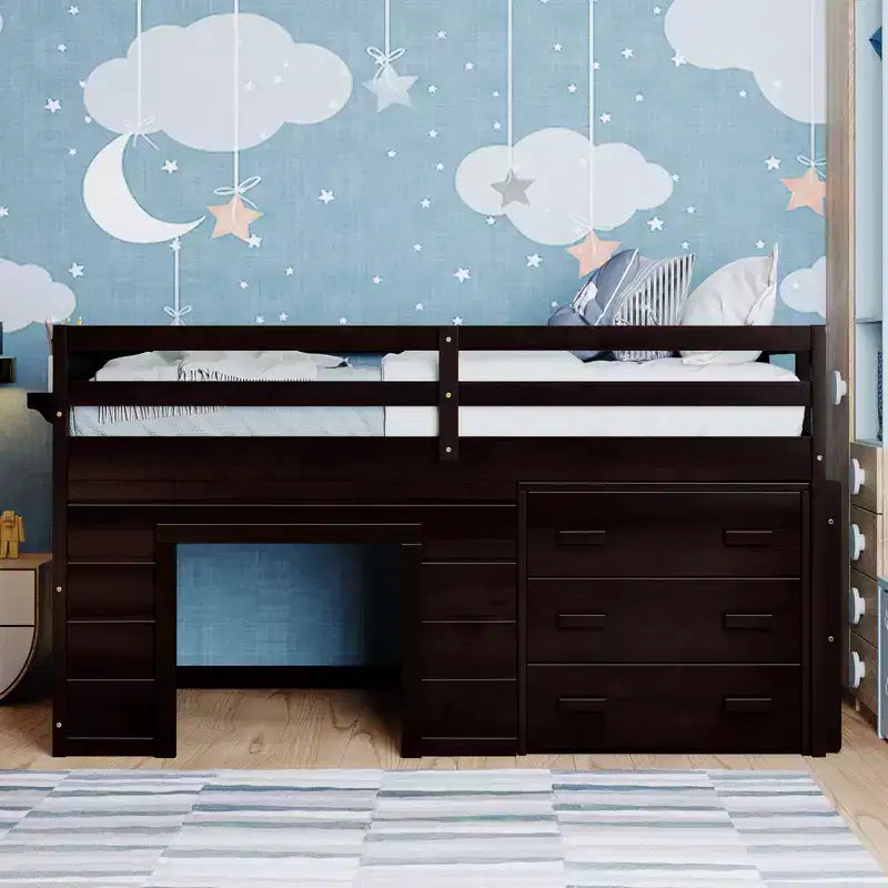 Letto a soppalco moderno, dimensioni singole, con mobiletto e mensola, 77.4L x 40.5W, Progettato per la vostra sicurezza