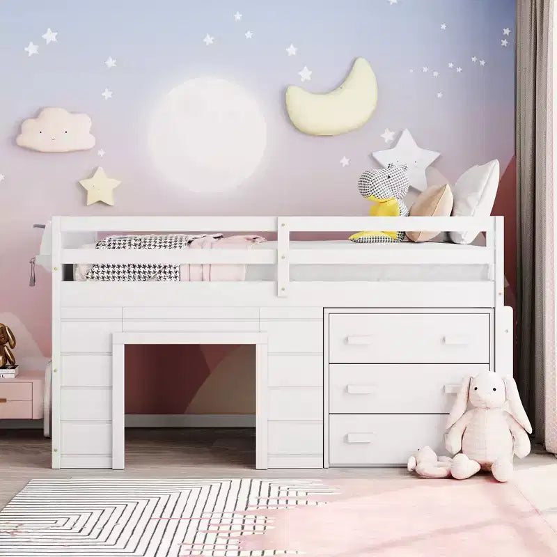 Letto a soppalco moderno, dimensioni singole, con mobiletto e mensola, 77.4L x 40.5W, Progettato per la vostra sicurezza
