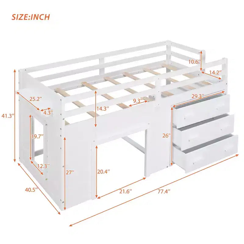 Letto a soppalco moderno, dimensioni singole, con mobiletto e mensola, 77.4L x 40.5W, Progettato per la vostra sicurezza