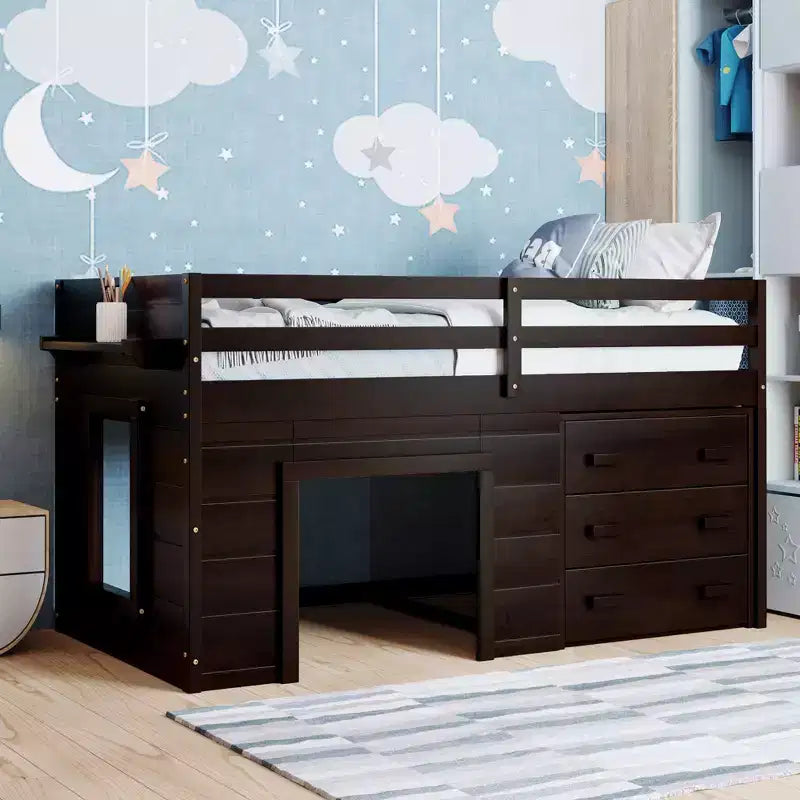 Letto a soppalco moderno, dimensioni singole, con mobiletto e mensola, 77.4L x 40.5W, Progettato per la vostra sicurezza
