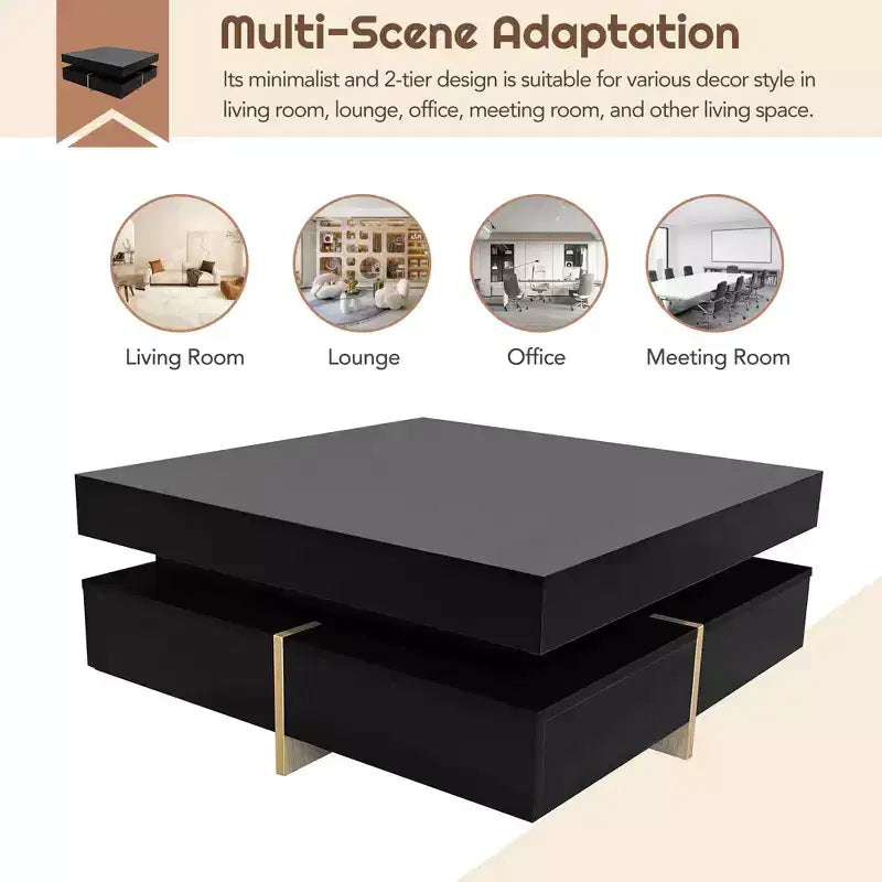 Tavolino moderno lucido con 4 cassetti, tavolino da caffè/tè quadrato multi-contenitore, gambe con venature del legno, 80x80 cm, nero