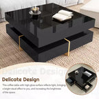 Tavolino moderno lucido con 4 cassetti, tavolino da caffè/tè quadrato multi-contenitore, gambe con venature del legno, 80x80 cm, nero