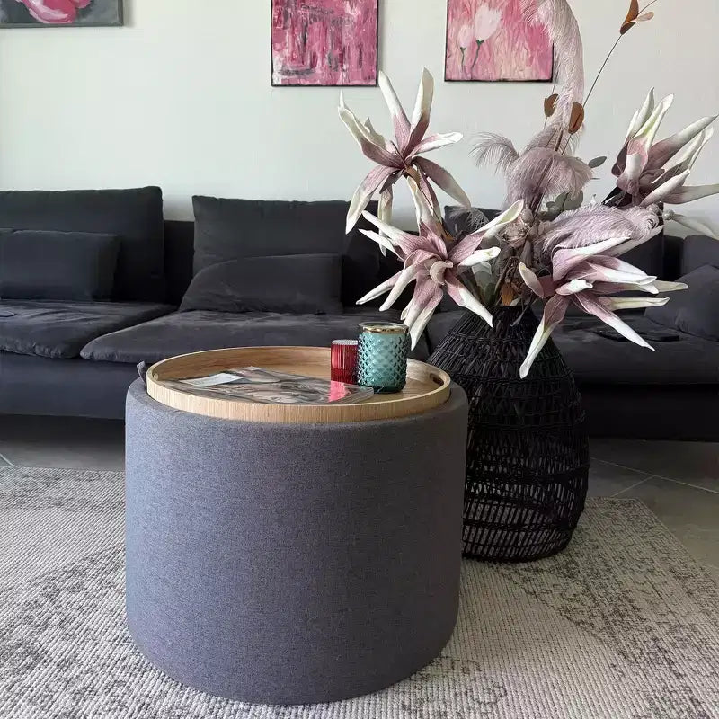 Tavolino Poggiapiedi Contenitore con Vassoio Ribaltabile e Spazio Nascosto, Pouf Rotondo Rivestito in Tessuto Effetto Lino