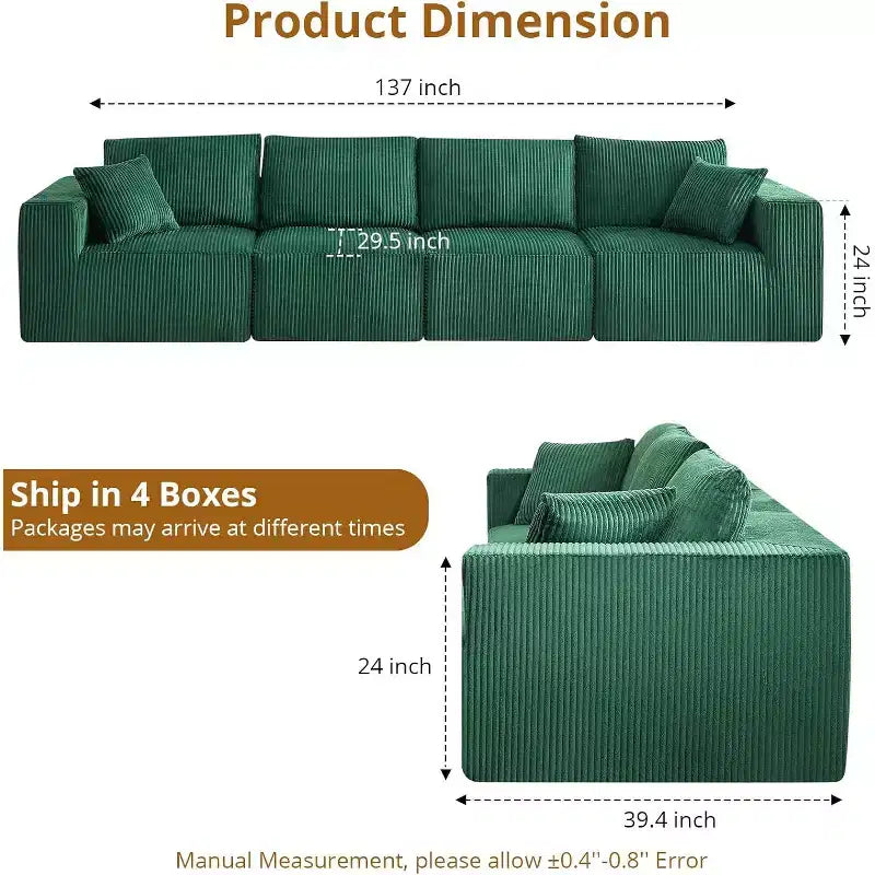 Divano Sezionale Cloud Modulare Moderno Lineare da 348 cm con Chaise Longue, Tessuto in Velluto a Coste, Nessun Montaggio Richiesto, Divano Letto Convertibile a Compressione