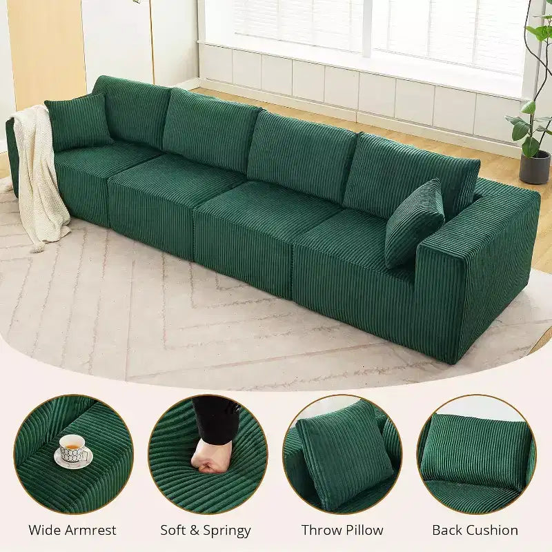 Divano Sezionale Cloud Modulare Moderno Lineare da 348 cm con Chaise Longue, Tessuto in Velluto a Coste, Nessun Montaggio Richiesto, Divano Letto Convertibile a Compressione