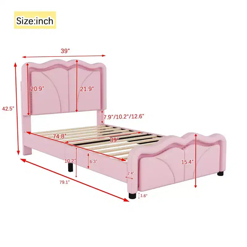 Letto a piattaforma imbottito in PU con testiera regolabile in altezza per la cameretta dei bambini, rosa