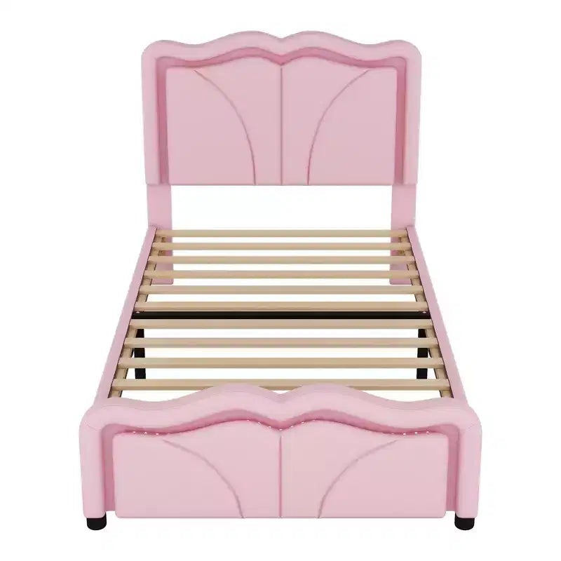 Letto a piattaforma imbottito in PU con testiera regolabile in altezza per la cameretta dei bambini, rosa