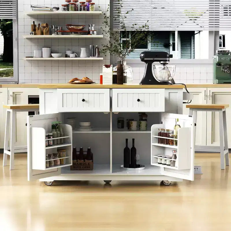 JVNOXK 48-inch Large 5-Wheel Kitchen Island with 2 Bar Stools, Power Outlet, Folding Table Top Storage Cart, Open Side Shelves, 2 Drawers, White