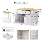 Isola da Cucina Grande da 48 Pollici con 5 Ruote e 2 Sgabelli da Bar, Presa di Corrente, Carrello Contenitore con Piano Pieghevole, Ripiani Laterali Aperti, 2 Cassetti, Bianco