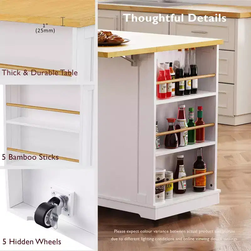 Isola da Cucina Grande da 48 Pollici con 5 Ruote e 2 Sgabelli da Bar, Presa di Corrente, Carrello Contenitore con Piano Pieghevole, Ripiani Laterali Aperti, 2 Cassetti, Bianco