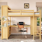 Letto a soppalco in legno con armadio e libreria, letto a soppalco Queen Size con guardaroba e scrivania per bambini, naturale