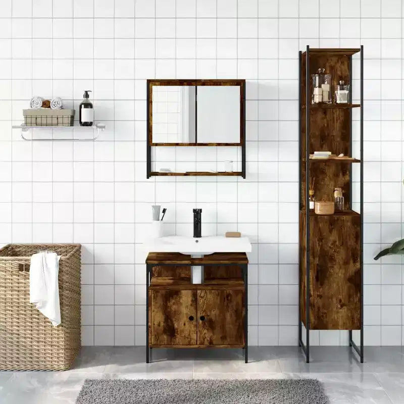 Set Mobili da Bagno con Mensola 3 pz Legno Multistrato Moderno Compatto