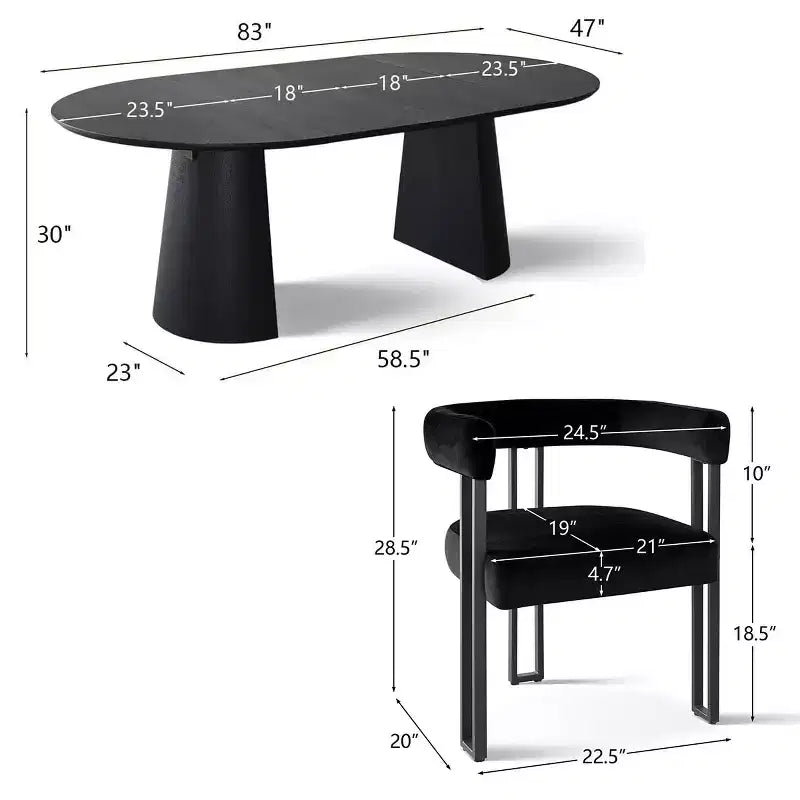 Set tavolo da pranzo allungabile da 47-83" per 8 persone, tavolo nero e 8 poltrone in velluto con eleganti gambe in metallo, ideale per riunioni