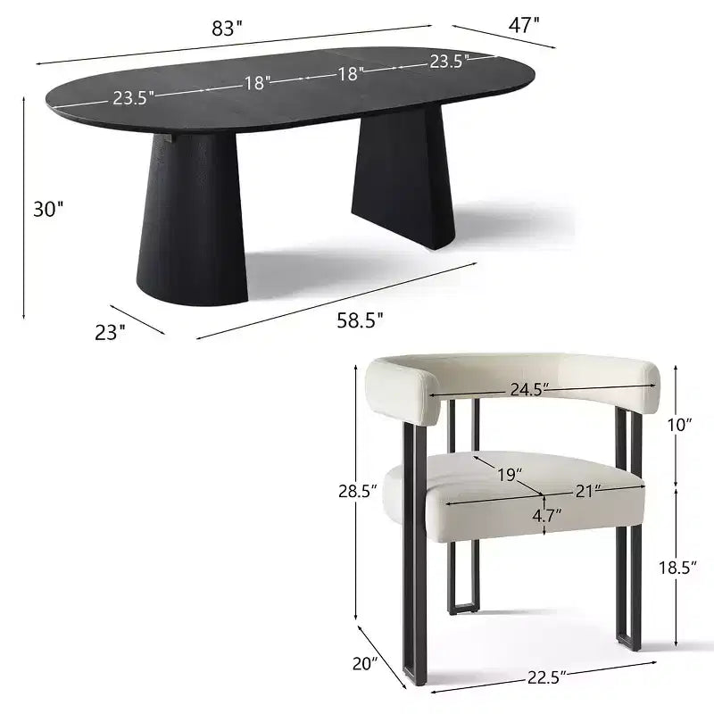 Set tavolo da pranzo allungabile da 47-83" per 8 persone, tavolo nero e 8 poltrone in velluto con eleganti gambe in metallo, ideale per riunioni