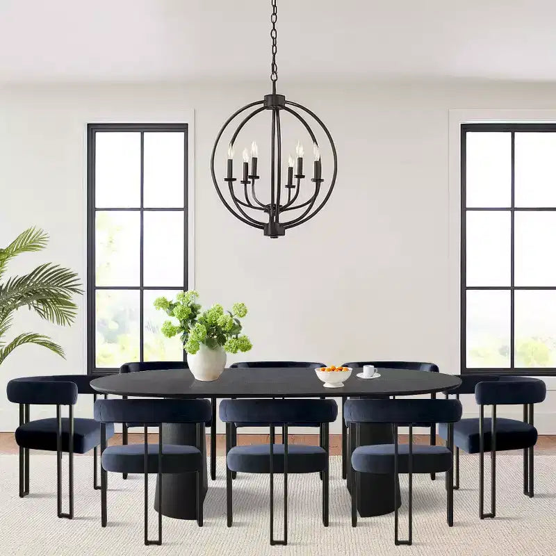 Set tavolo da pranzo allungabile da 47-83" per 8 persone, tavolo nero e 8 poltrone in velluto con eleganti gambe in metallo, ideale per riunioni