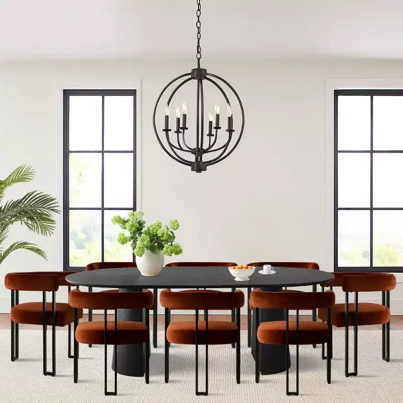 Set tavolo da pranzo allungabile da 47-83" per 8 persone, tavolo nero e 8 poltrone in velluto con eleganti gambe in metallo, ideale per riunioni