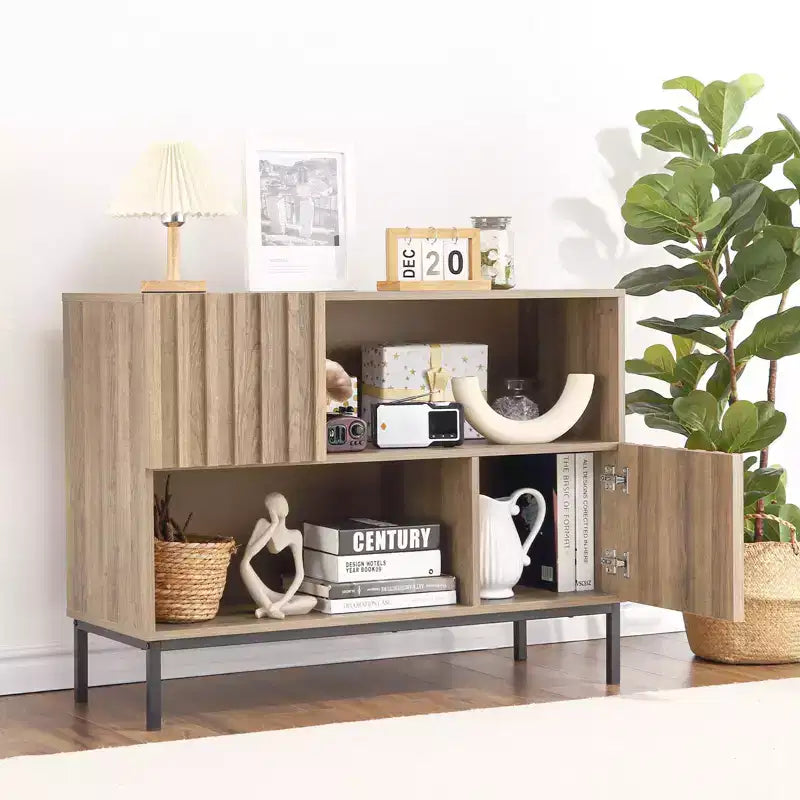 Entryway Table, Farmhouse Wooden Console Table with Storage Shelves & Metal Legs, Rustic Sideboard Buffet for Living Room Dining Room