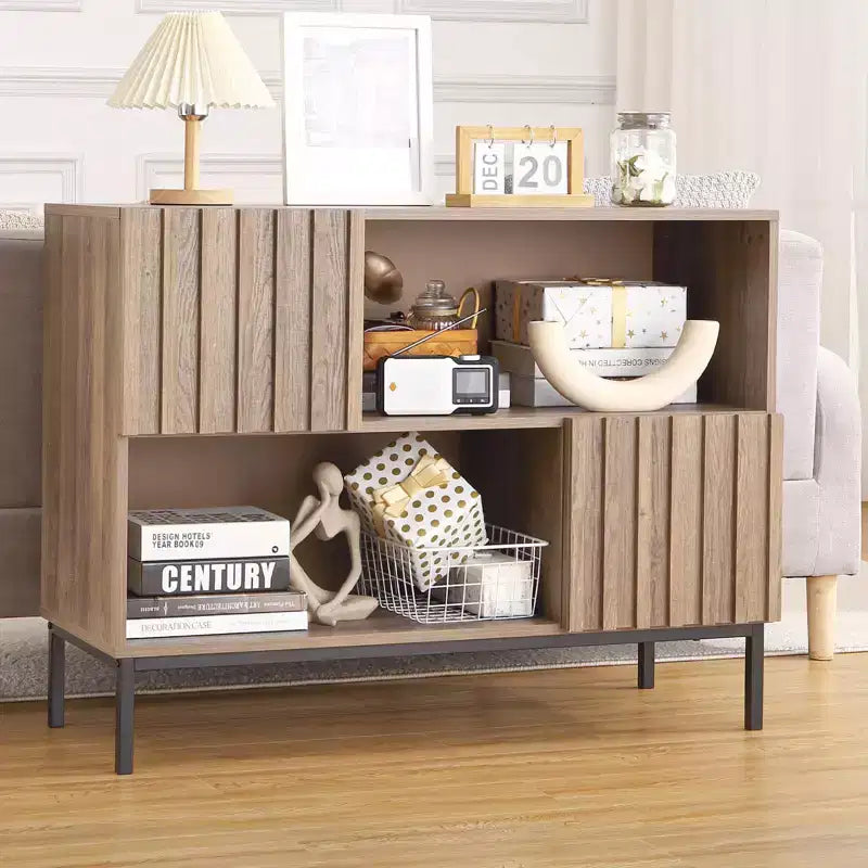 Tavolo da Ingresso, Consolle Rustica in Legno con Ripiani e Gambe in Metallo, Credenza Contenitore per Soggiorno Sala da Pranzo