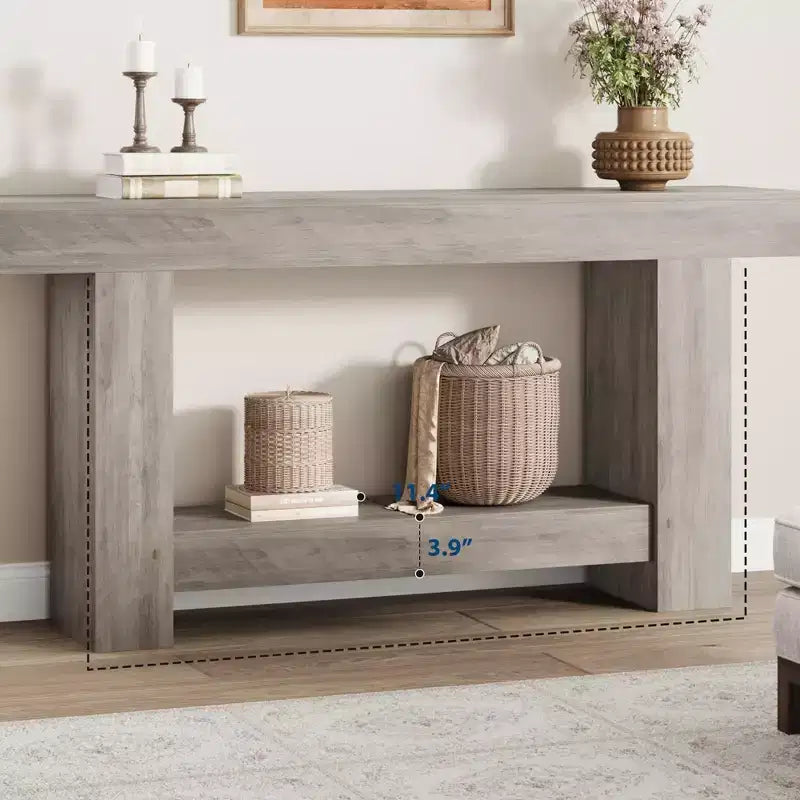 Console da Ingresso, Tavolo da Ingresso a 2 Livelli in Stile Rustico, Tavolo Lungo da Divano Accentato Dietro il Divano con Spazio di Archiviazione Aperto per Ingresso, Soggiorno, 63