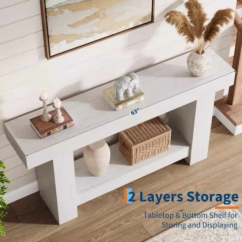 Console da Ingresso, Tavolo da Ingresso a 2 Livelli in Stile Rustico, Tavolo Lungo da Divano Accentato Dietro il Divano con Spazio di Archiviazione Aperto per Ingresso, Soggiorno, 63