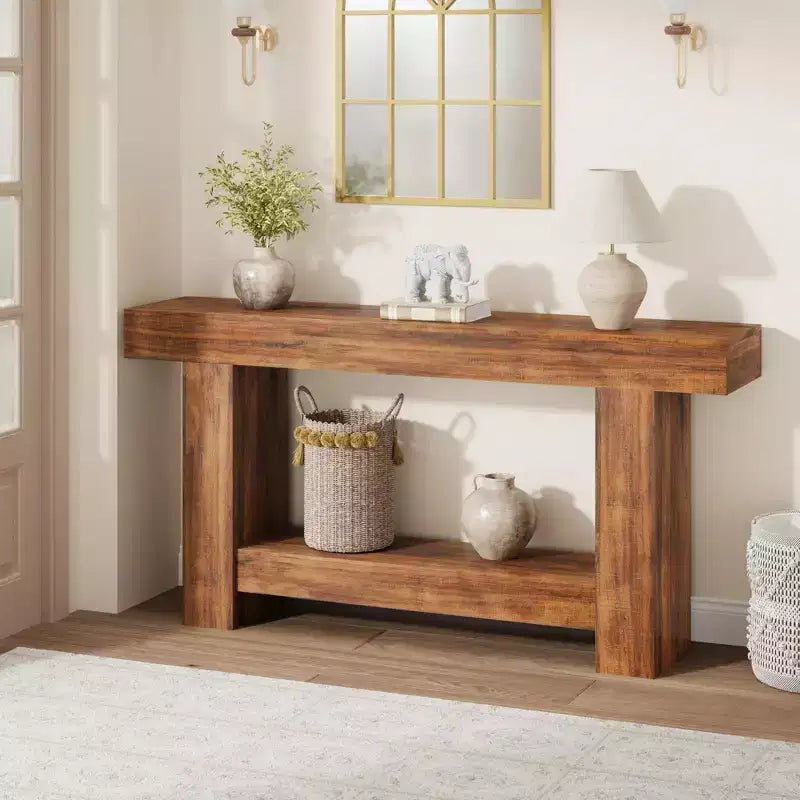Console da Ingresso, Tavolo da Ingresso a 2 Livelli in Stile Rustico, Tavolo Lungo da Divano Accentato Dietro il Divano con Spazio di Archiviazione Aperto per Ingresso, Soggiorno, 63