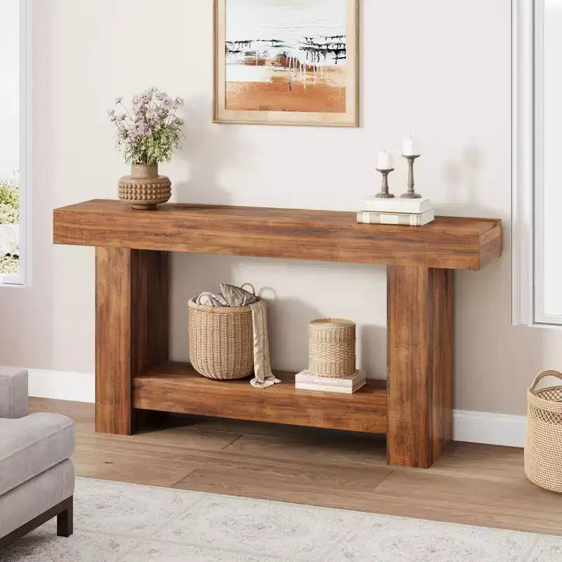 Console da Ingresso, Tavolo da Ingresso a 2 Livelli in Stile Rustico, Tavolo Lungo da Divano Accentato Dietro il Divano con Spazio di Archiviazione Aperto per Ingresso, Soggiorno, 63
