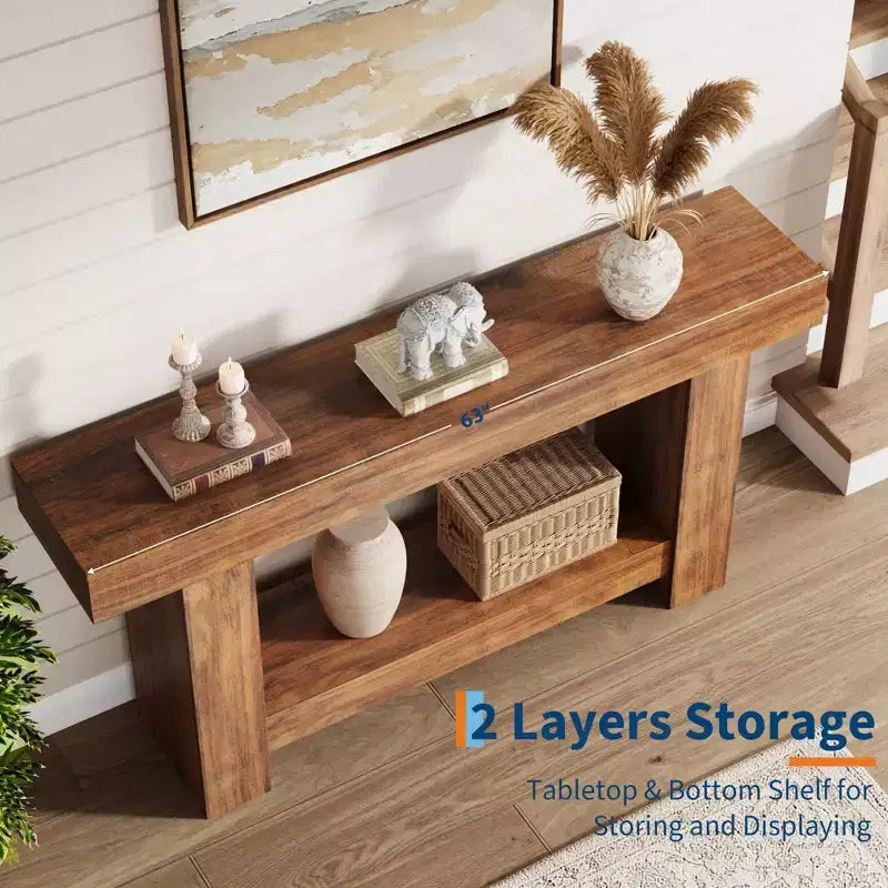 Console da Ingresso, Tavolo da Ingresso a 2 Livelli in Stile Rustico, Tavolo Lungo da Divano Accentato Dietro il Divano con Spazio di Archiviazione Aperto per Ingresso, Soggiorno, 63