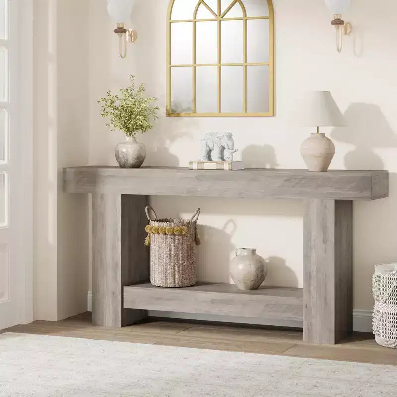 Console da Ingresso, Tavolo da Ingresso a 2 Livelli in Stile Rustico, Tavolo Lungo da Divano Accentato Dietro il Divano con Spazio di Archiviazione Aperto per Ingresso, Soggiorno, 63