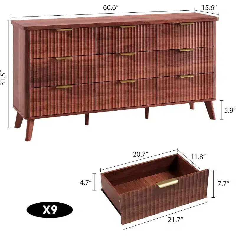 Cassettiera a 9 cassetti per camera da letto, cassettiere larghe 154 cm con profilo curvo, cassetti in legno scanalato, cassettiera moderna per soggiorno