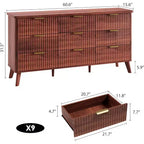 Cassettiera a 9 cassetti per camera da letto, cassettiere larghe 154 cm con profilo curvo, cassetti in legno scanalato, cassettiera moderna per soggiorno