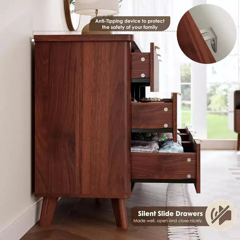 Cassettiera a 9 cassetti per camera da letto, cassettiere larghe 154 cm con profilo curvo, cassetti in legno scanalato, cassettiera moderna per soggiorno