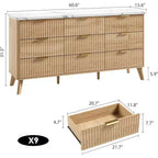 Cassettiera a 9 cassetti per camera da letto, cassettiere larghe 154 cm con profilo curvo, cassetti in legno scanalato, cassettiera moderna per soggiorno