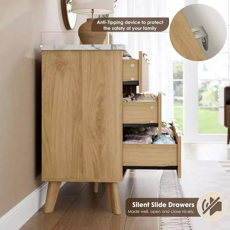 Cassettiera a 9 cassetti per camera da letto, cassettiere larghe 154 cm con profilo curvo, cassetti in legno scanalato, cassettiera moderna per soggiorno