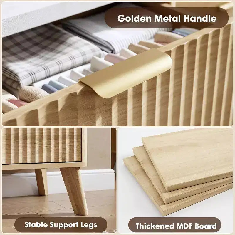 Cassettiera a 9 cassetti per camera da letto, cassettiere larghe 154 cm con profilo curvo, cassetti in legno scanalato, cassettiera moderna per soggiorno