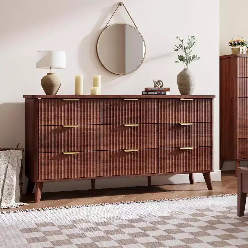 Cassettiera a 9 cassetti per camera da letto, cassettiere larghe 154 cm con profilo curvo, cassetti in legno scanalato, cassettiera moderna per soggiorno